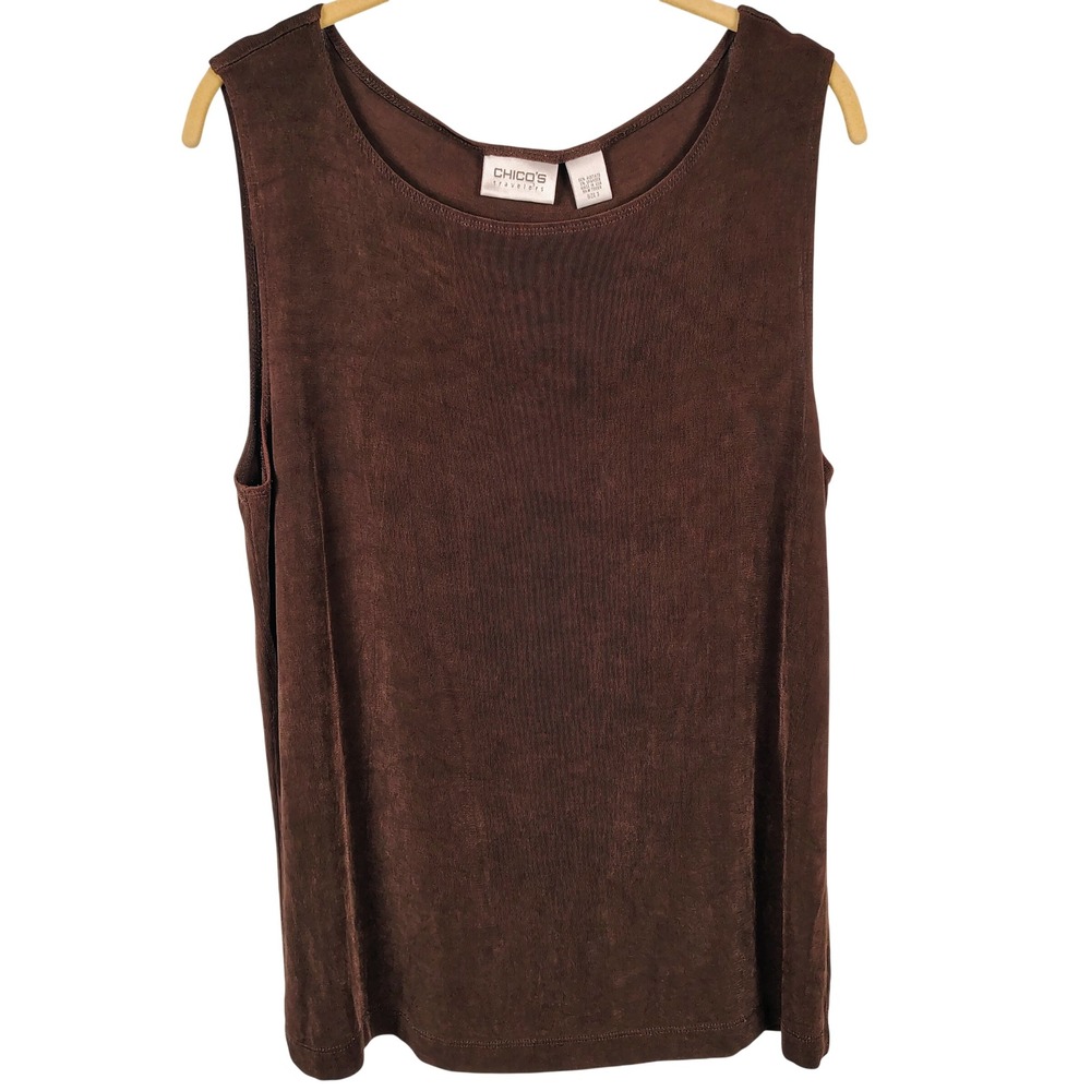 Chicos Womens SZ 3 Travelers Tank Top Brown Ribbed Acetate Blend Minimalist